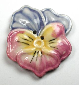 Lg Sz Vintage Porcelain Button Pretty Pansy Flowers Design - 1 & 1/2 "
