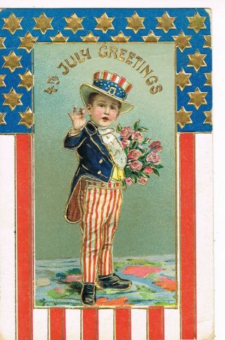 Antique July 4th Postcard Young Uncle Sam Holding Roses,  Stars,  Stripes