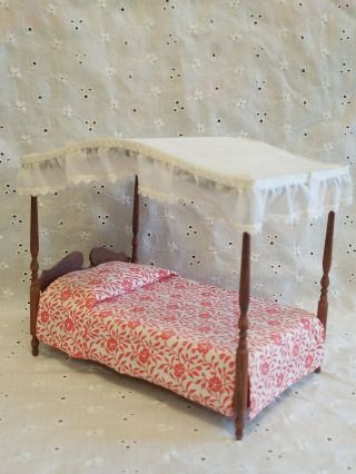 Vintage Dressed 4 Poster Bed W Canopy Dollhouse Miniature