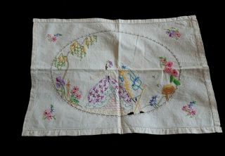 Vintage Oblong Beige Cotton Embroidered Crinoline Lady And Gentleman 18 " X 8 "