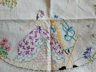 Vintage Oblong Beige Cotton embroidered Crinoline lady and gentleman 18 
