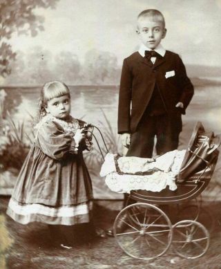 Antique Cabinet Photo Darling Children Little Girl W Doll Carriage England