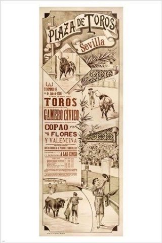 Vintage Sevilla Spain Travel Poster 1908 Corridas De Toros 24x36 Rare