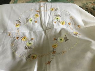 Vintage Cream Cotton Tablecloth With Embroidered Flowers And Openwork