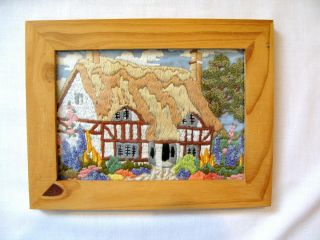 Vintage Hand Embroidered Picture Thatched Cottage & Country Garden.