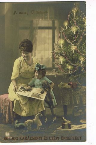 Antique Hungarian Tinted Christmas Postcard Mother And Daughter Reading Book