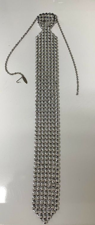 WHITING AND DAVIS 1970s - 80s MESH CHROME NECKTIE NECKLACE: Vintage,  Signed & Rare 2
