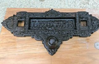 Antique Ornate Victorian Cast Iron Letter Box Black States Letters On Front Flap