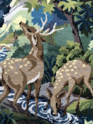 Vintage Antique Old Finished Tapestry Nature Scene Sewing Cross Stitch Deer