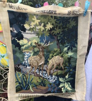Vintage Antique Old Finished Tapestry Nature Scene Sewing Cross Stitch Deer 2
