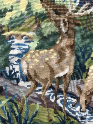 Vintage Antique Old Finished Tapestry Nature Scene Sewing Cross Stitch Deer 3