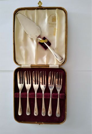 Vintage: 6 Piece Boxed Set Of Sheffield Silver Plate Cake Forks With Cake Slice