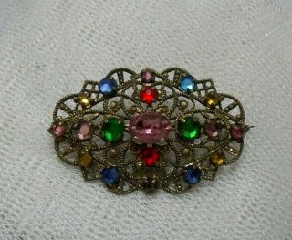 Vintage Antique Edwardian Gold Plated Colour Rhinestone Czech Brooch Pin