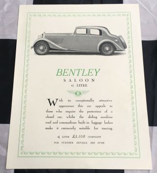 1937 Bentley Saloon 4 1/4 Litre Brochure Prospekt Sheet Rare