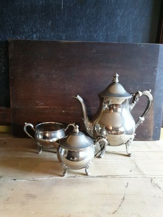Vintage Silver Plate 3 Piece Footed Tea Set Marked M & R Sugar Milk Teapot
