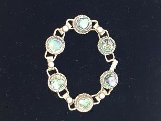 Antique Mexican Sterling Silver Bracelet With Abalone Mother Of Pearl Inlay 7 "