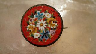 Antique Vintage Micro Mosaic Daisy Flowers Wreath Circle Brooch Pin Italy