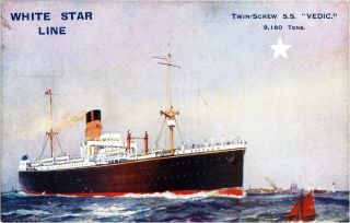 White Star Line Ss Vedic Twin Screw Antique Postcard Ocean Liner Steam Ship
