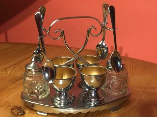 Vintage 4 Egg Cup Cruet Set With Spoons And Salt And Pepper Pot Plus Carry Stand
