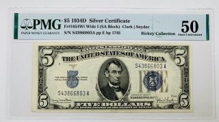 1934 D $5 Blue Seal Silver Certificate Rare Wide Graded Bank Note A - Uncirculated