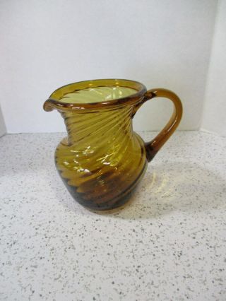 Antique Amber Blown Glass Creamer Or Pitcher,  Swirl Pattern,  Applied Handle