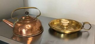 2 Victorian 1886 Henry Loveridge Items 1/2 Pint Copper Kettle Brass Candlestick