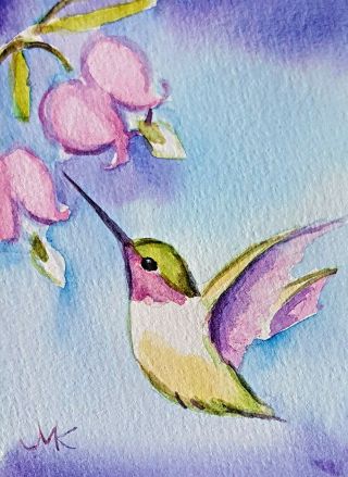Aceo Humming Bird W.  Flowers Watercolor Painting Birds