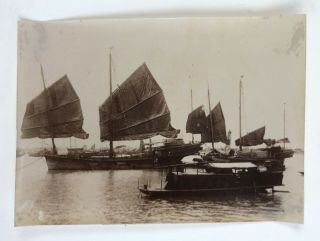 Rare 1870s Early Chinese Junks In Harbor,  Hong Kong,  Canton? China Albumen Photo