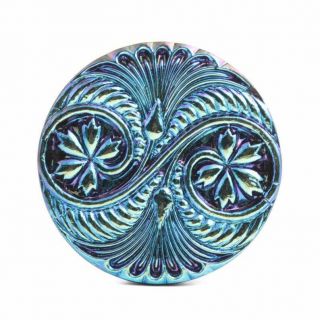 Czech Silver Blue Metallic Lustre Floral Black Shankless Glass Button Cabochon