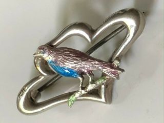 Antique Victorian Sterling Silver And Enamel Bird Brooch Pin Safe Return Love