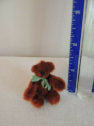 Vintage Handmade Miniature Furry Brown Bear Green Bow 1.  5 "