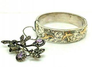 Antique Silver & 9ct Gold Bangle & Silver & Amethyst Marcasite Brooch A/f Repair