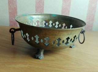 Small Vintage Brass Footed Planter / Dish / Bowl With Ring Handles Id0364 B16