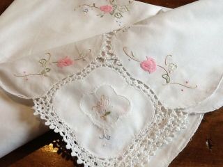 Vintage Large White Linen And Lace Tablecloth Embroidered With Flowers