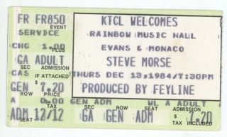 Rare Steve Morse 12/13/84 Denver Co Concert Ticket Stub Dixie Dregs Deep Purple