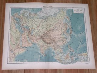 1907 Antique Physical Map Of Asia China Japan Indonesia Russia India
