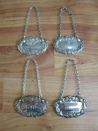 4 X Vintage Silver Plated Decanter Labels Gin,  Sherry,  Brandy & Whisky