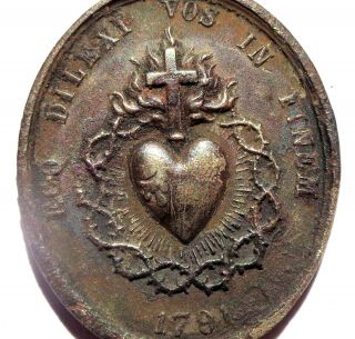 1791 Antique Old - Rare - Medal Pendant To The Sacred Hearts Of Jesus And Mary