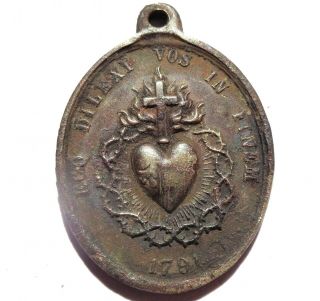 1791 ANTIQUE OLD - RARE - MEDAL PENDANT TO THE SACRED HEARTS OF JESUS AND MARY 3