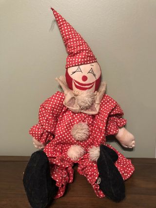 Vintage Handmade Clown Doll Stuffed Red And White