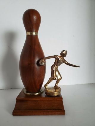 Vintage Bowling Trophy With Wood Pin And Metal Woman Topper 7.  5 "