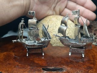 Rare 2/set 66g Pinta & Santa Maria Miniatures Ships Galleon 800 Sterling Silver