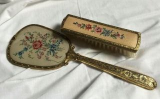 Vintage Dressing Table Vanity Set Cloth Brush & Hand Mirror Cross Stitch Floral