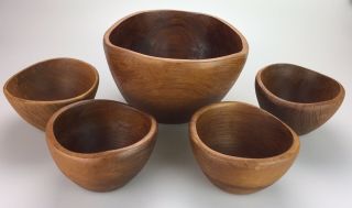 Set Of 5 Vintage Mid Century Hand Carved Teak Wood Bowls Salad Serving Thailand