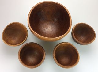 Set of 5 Vintage Mid Century Hand Carved Teak Wood Bowls Salad Serving Thailand 2