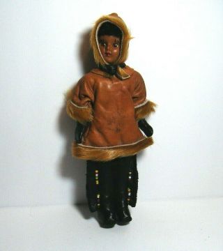 Vintage Eskimo Inuit Native American Doll W/ Baby Real Fur Blinking Eyes Alaska