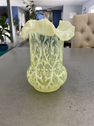 Antique Vaseline Uranium Opalescent Glass Celery Vase Hobbs 19th Century Rare