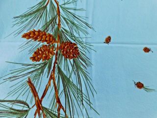 Rare Vintage Pine Cone Tablecloth California Hand Prints Aqua Textile Fabric