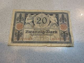 1915 Wwi German 20 Zwanzig Mark Rare Old Paper Money Reichsbanknote Currency