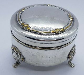 Pretty Vintage Gilt Washed Silver Plated Round Trinket Box Paw Feet